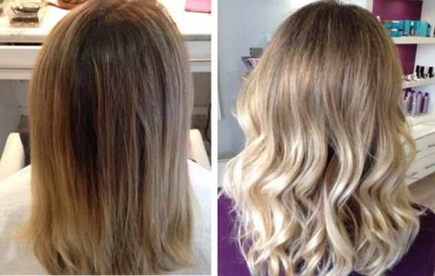 Балаяж на русые волосы средней длины с челкой. Фото до и после