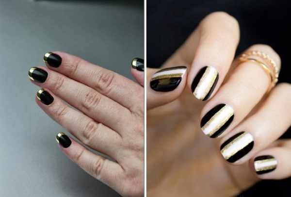 Дизайн ногтей черный с золотом. С камнями, рассыпанный, френч, стразы, серебро, бежевый, нюд