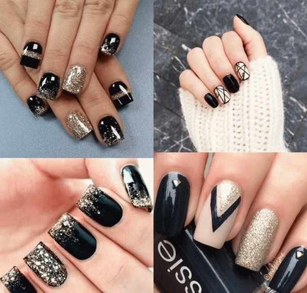 Дизайн ногтей черный с золотом. С камнями, рассыпанный, френч, стразы, серебро, бежевый, нюд