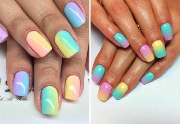 Разноцветные дизайны ногтей, маникюр с полосками, разводами, втиркой. Фото