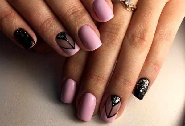Дизайн ногтей розовый с черным. Фото, новинки с блестками, стразами, серебряным кружевом, рисунком