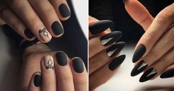 Дизайн ногтей с черным цветом. Фото маникюра гель-лаком со стразами, блестками, френч, омбре