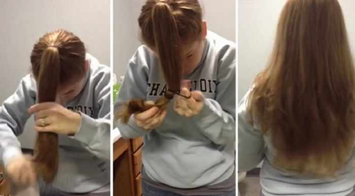 Как подровнять волосы дома самой себе ровно девушке. Видео