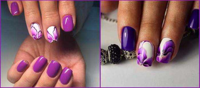 Маникюр фиолетовый с белым. Фото с рисунками, со стразами, дизайны на короткие и длинные ногти