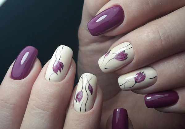 Маникюр в фиолетовых тонах на короткие и длинные ногти гель-лаком, шеллаком. Фото