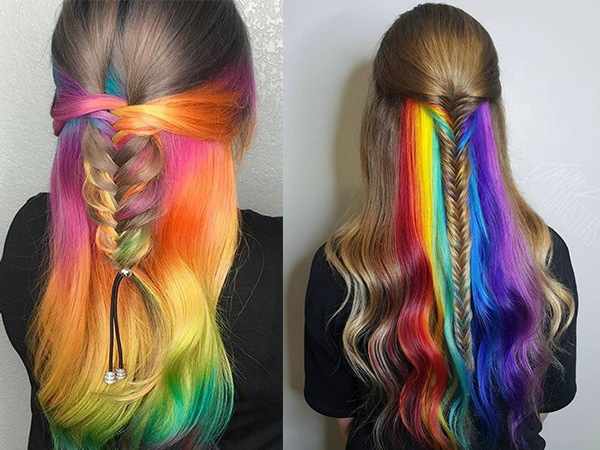 Разноцветные волосы у девушек. Фото на короткие, длинные, средние волосы, кончики, скрытое окрашивание